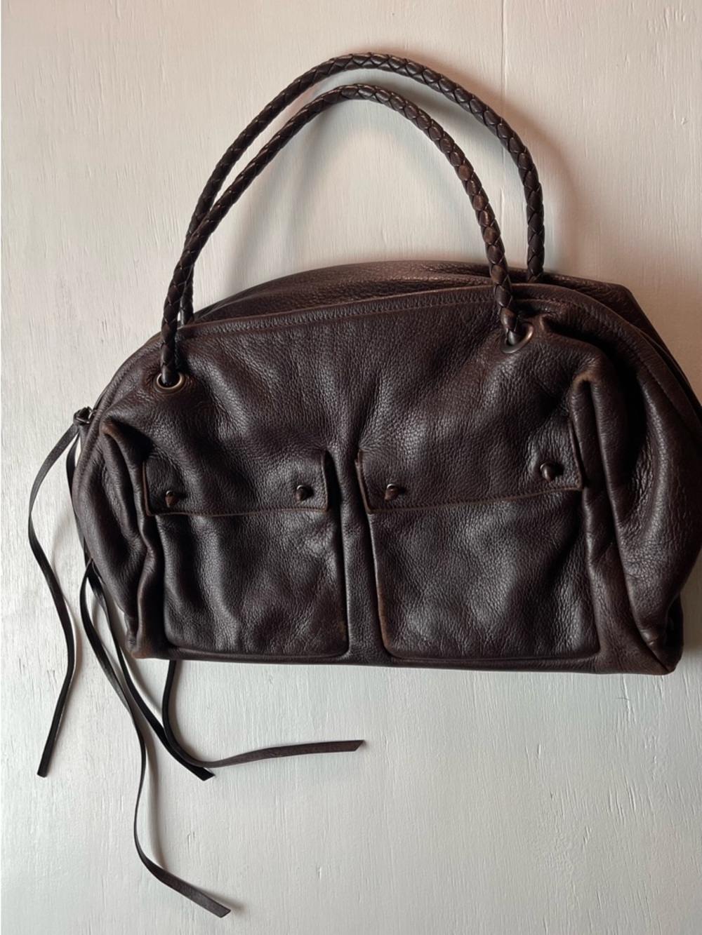 Bottega Veneta Dark Brown Braided-Handle Pebbled Leather Shoulder Bag